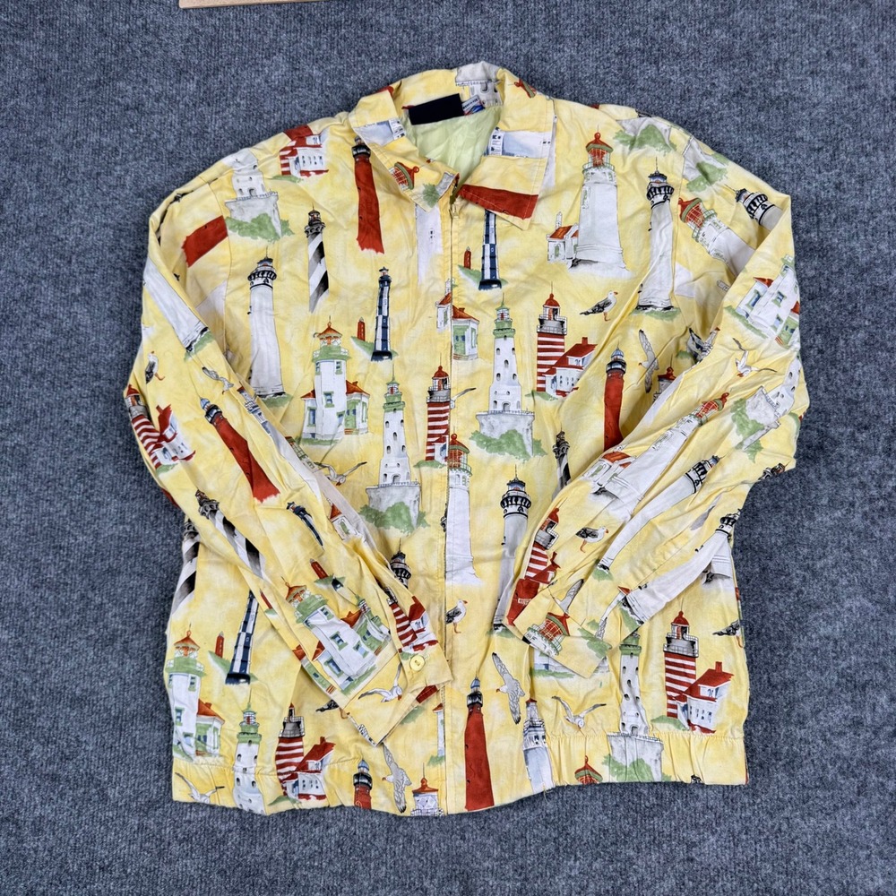 CB Casual Jacket Mens Size M Yellow Lighthouse Nautical Print Zip Up Made in USA